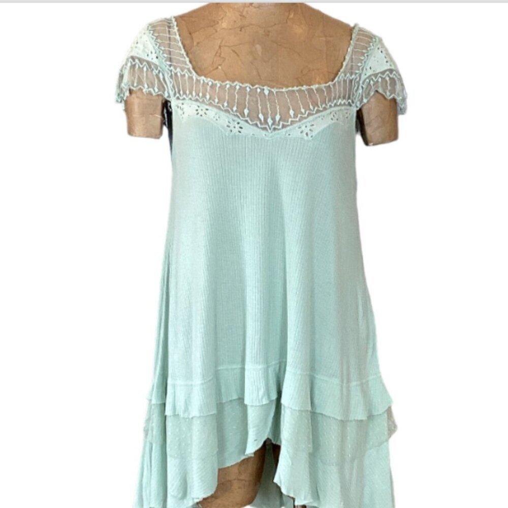 Free People Mini Dress Mesh Lace Tiered Ruffle‎ Hem Sz L Green #25Y